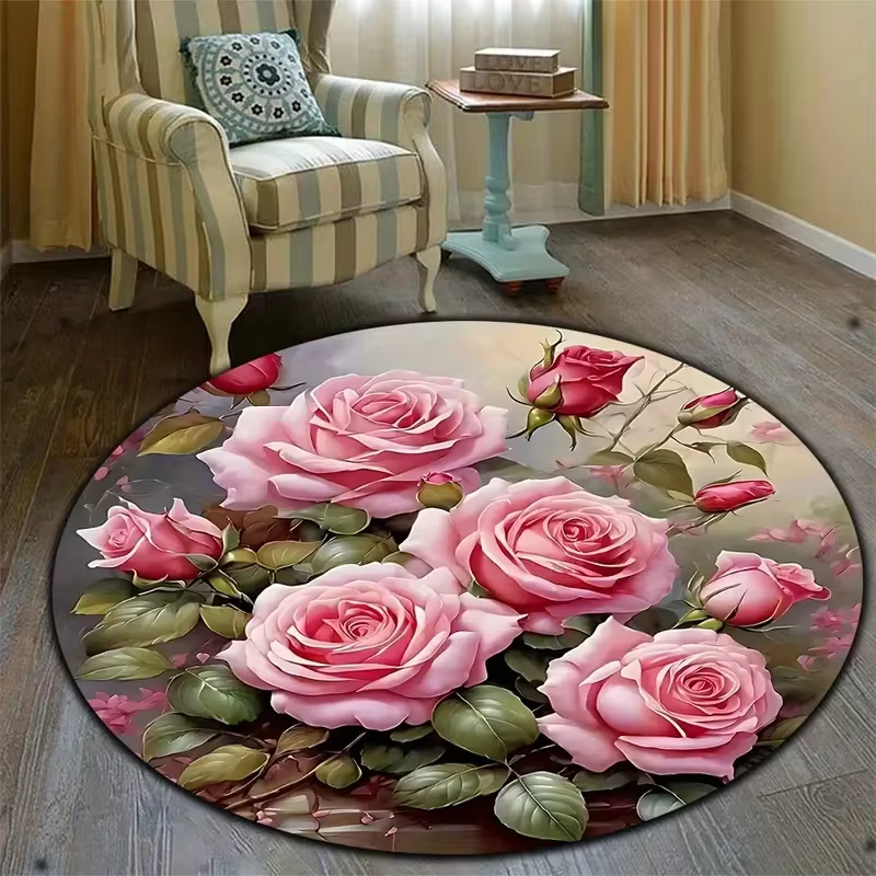 Tapis rond rose doux, motif de fleurs réalistes