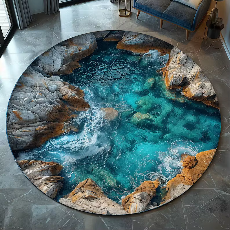 Tapis rond 3D effet océan bleu vert