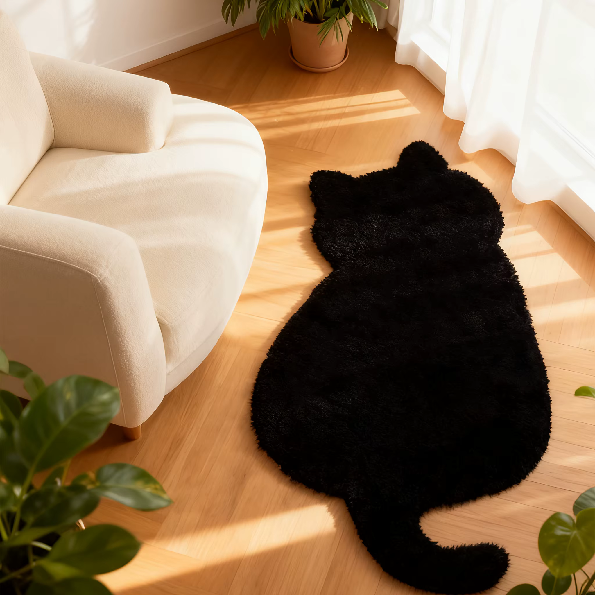 Tapis en fausse fourrure de lapin en forme de chat