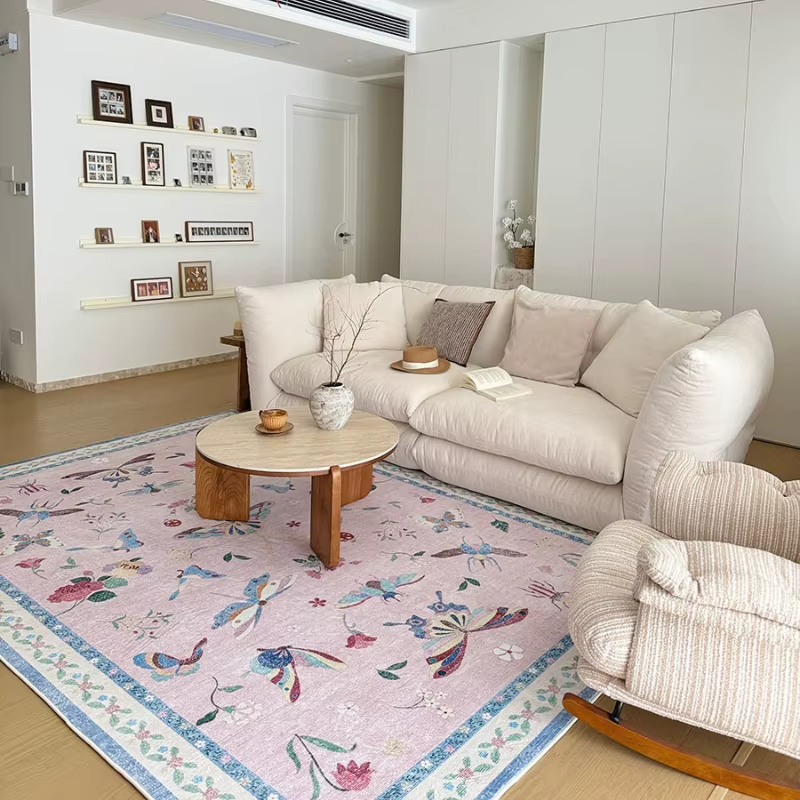 Tapis de salon vintage français rose à thème insectes