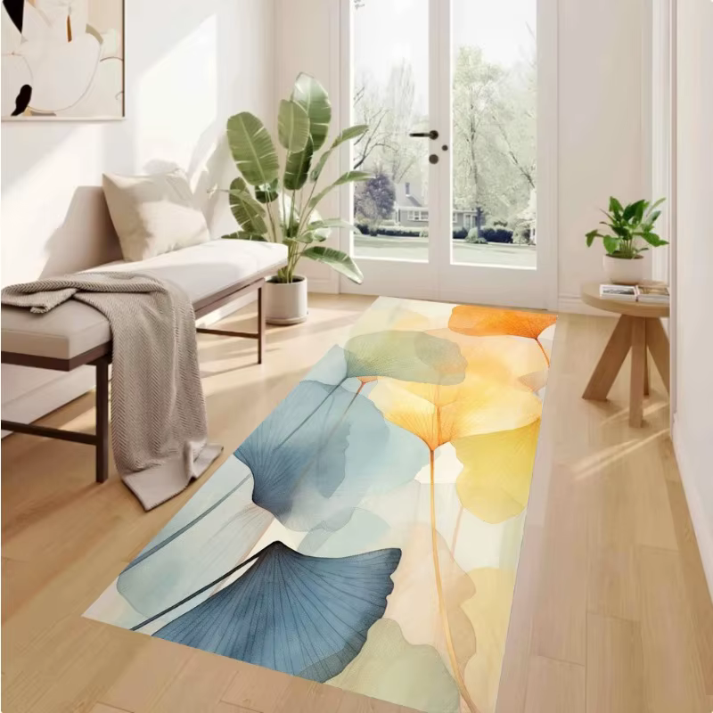 Tapis long antidérapant en toile aquarelle motif marguerite blanche et jaune