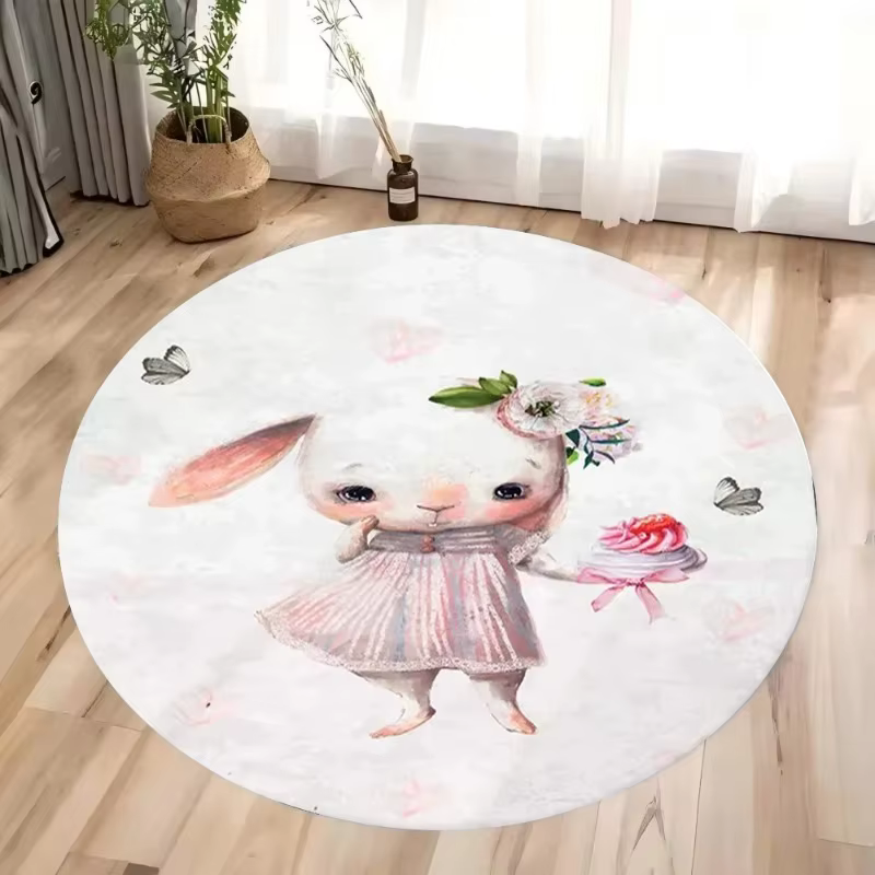 Tapis circulaire rose à motif de lapin de dessin animé
