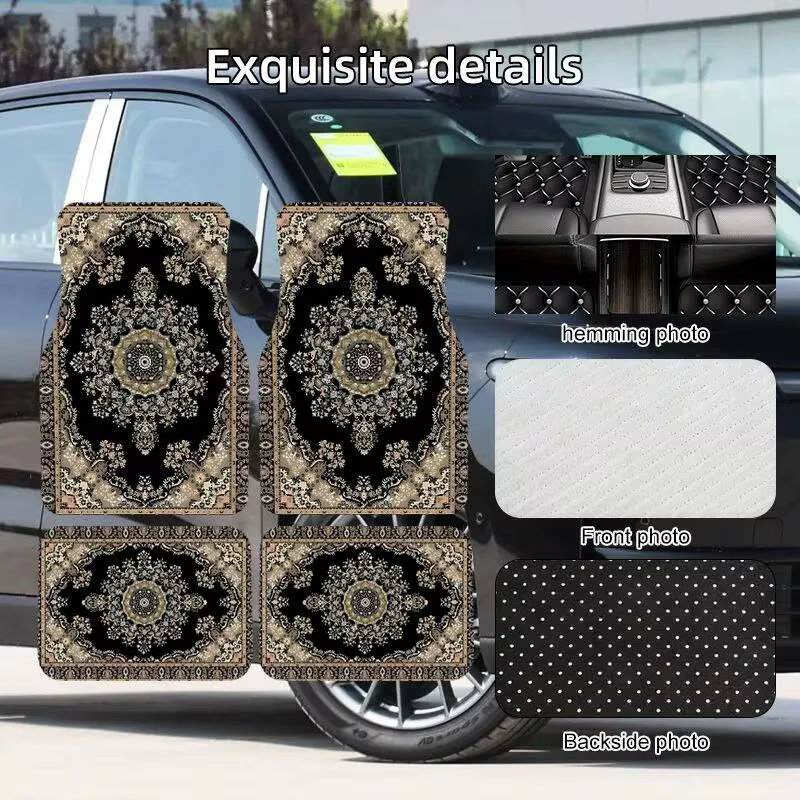 Tapis de sol de voiture style persan noir beige, 4 pièces, motif rétro, tapis antidérapants pour auto