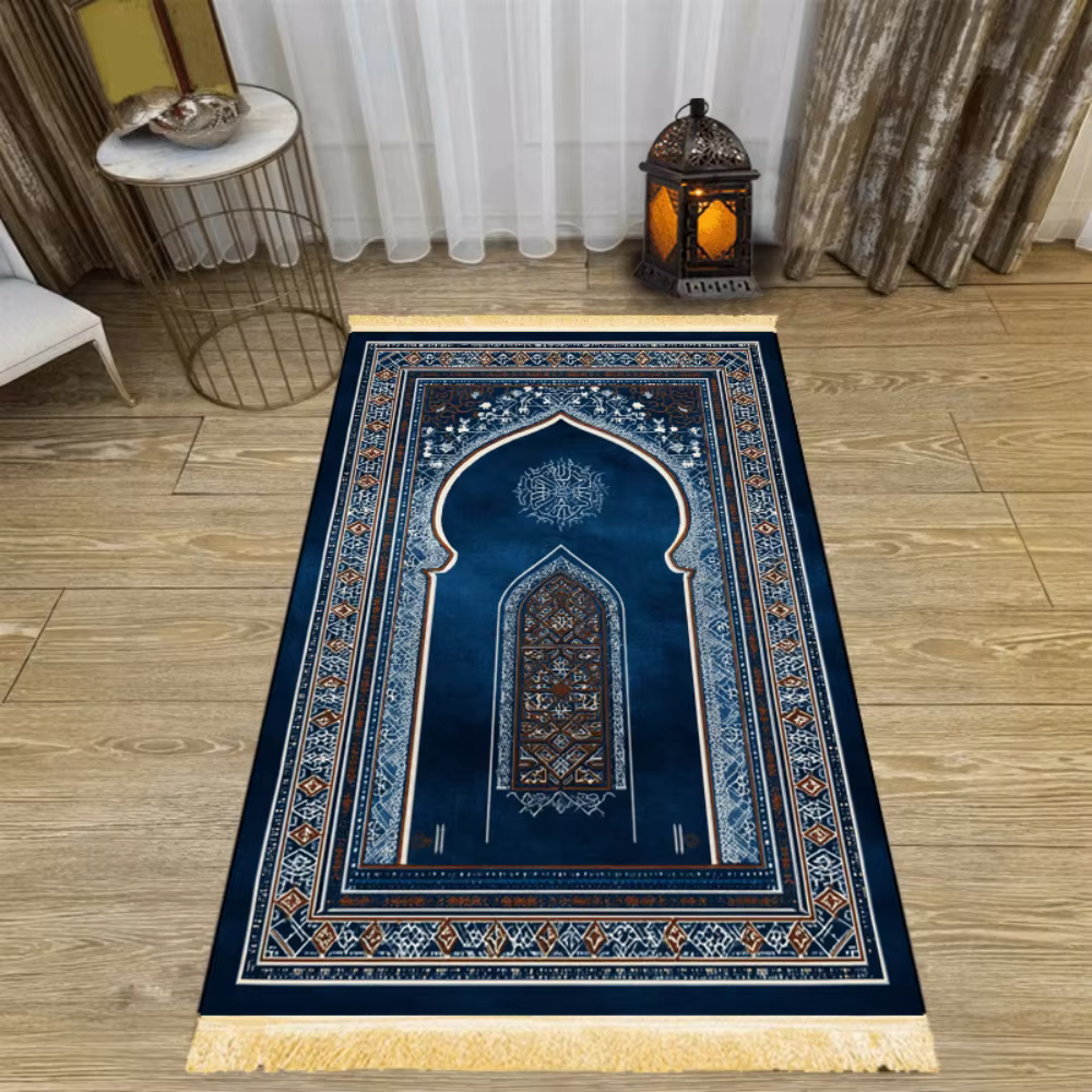 Tapis de prière islamique géométrique bleu marine en polyester
