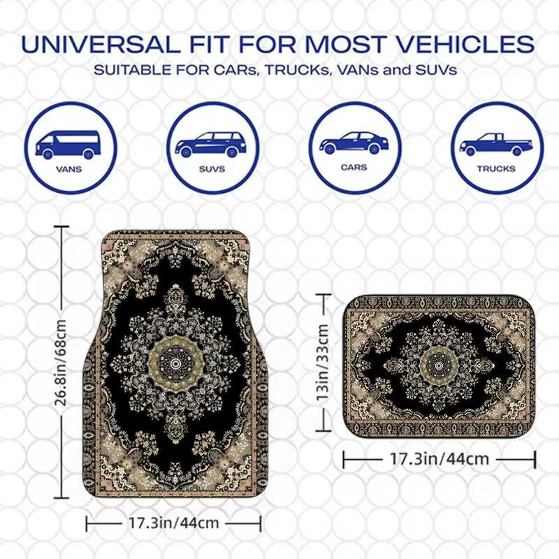Tapis de sol de voiture style persan noir beige, 4 pièces, motif rétro, tapis antidérapants pour auto
