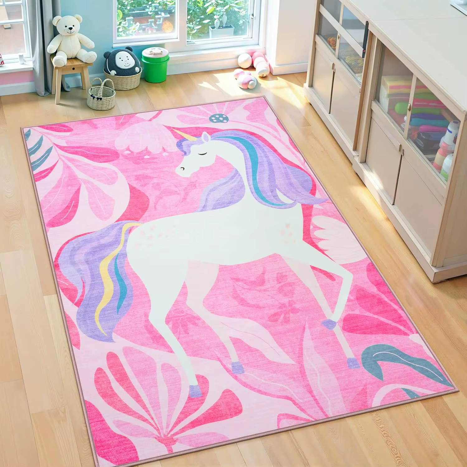 Tapis imprimé licorne à fleurs roses