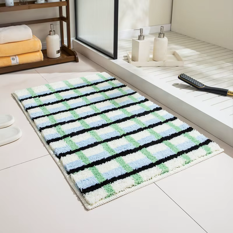 VIKAMA Tapis de salle de bain à carreaux vert et blanc