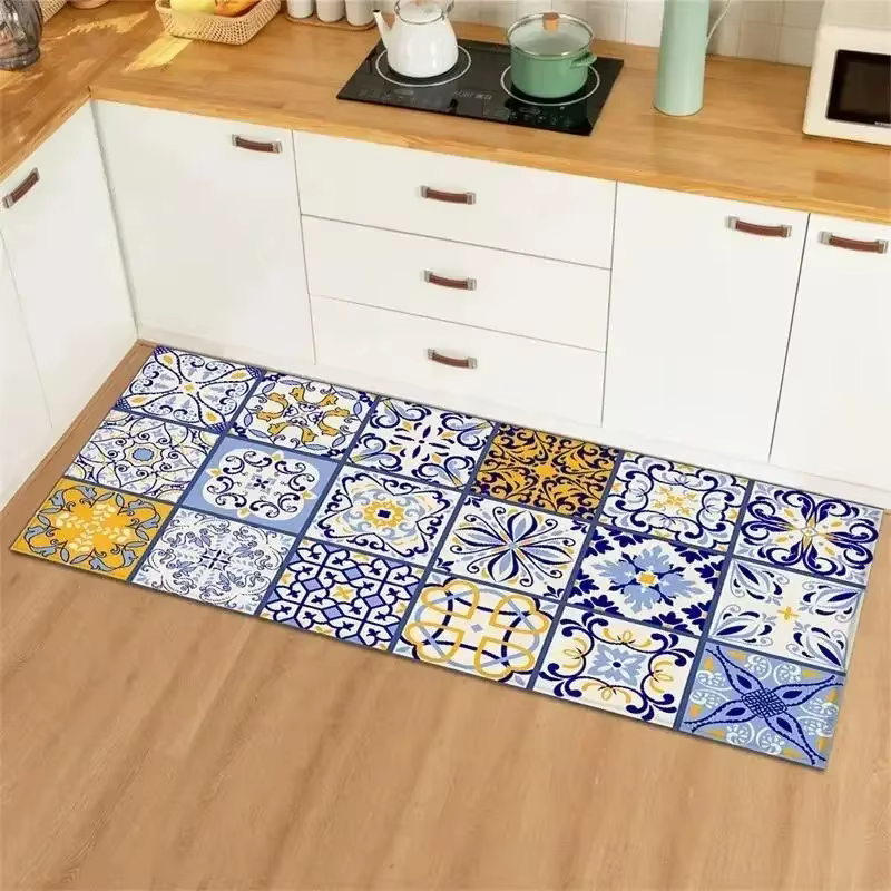 Tapis de cuisine Long avec Collage de carreaux Vintage bleu jaune