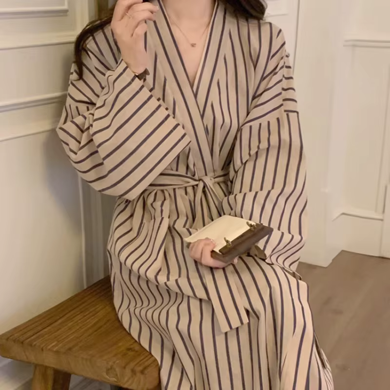 Peignoir pour femme : Robe longue à manches longues rayée style kimono printemps/été – Pyjama et vêtements de détente amples, décontractés, style rétro