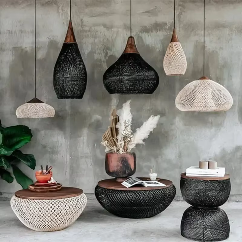Lustre en rotin d'Asie du Sud-Est, style wabi-sabi, restaurant, maison d'hôtes, salon de thé, luminaire tissé à la main d'inspiration zen