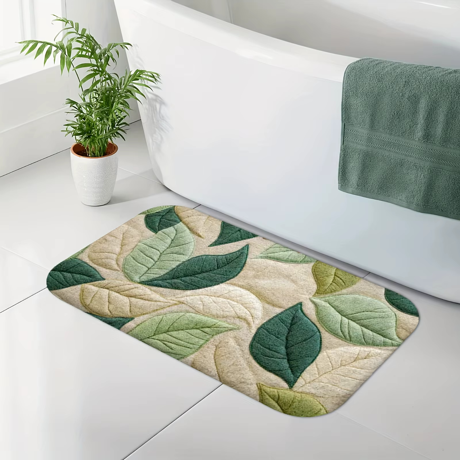 Tapis de bain à motif de feuilles vertes