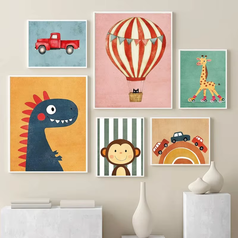 Affiches d'animaux drôles imprimées, toile d'art murale neutre, images de pépinière pour bébé, décor de chambre d'enfants, tigre, Lion, grenouille, ours, chat, ballon