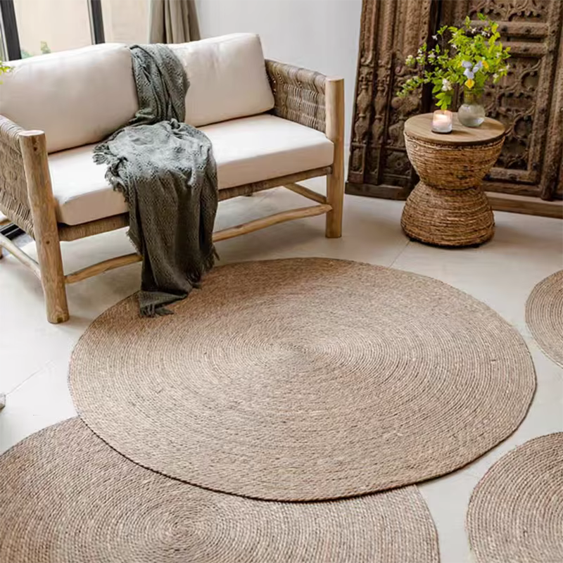 Tapis Rond Tissé en Polymère et Rotin Naturel