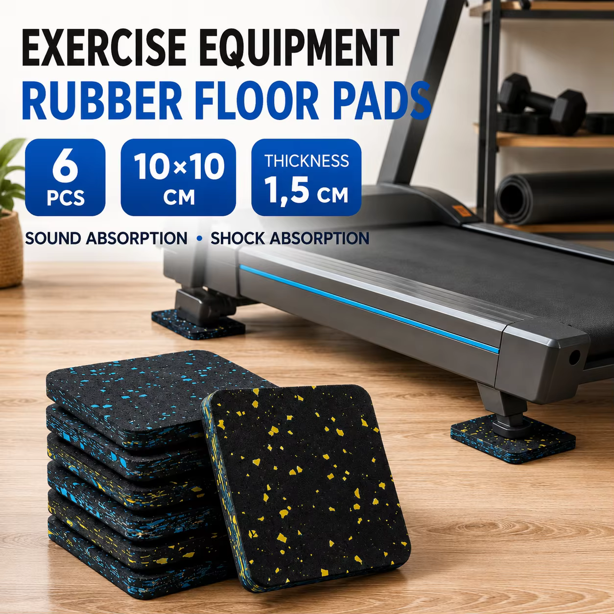 Tapis de tapis roulant de 15mm d'épaisseur, coussinets anti-vibration, coussin en caoutchouc à réduction de bruit, pour équipement de fitness à domicile, protection du sol, 6 pièces