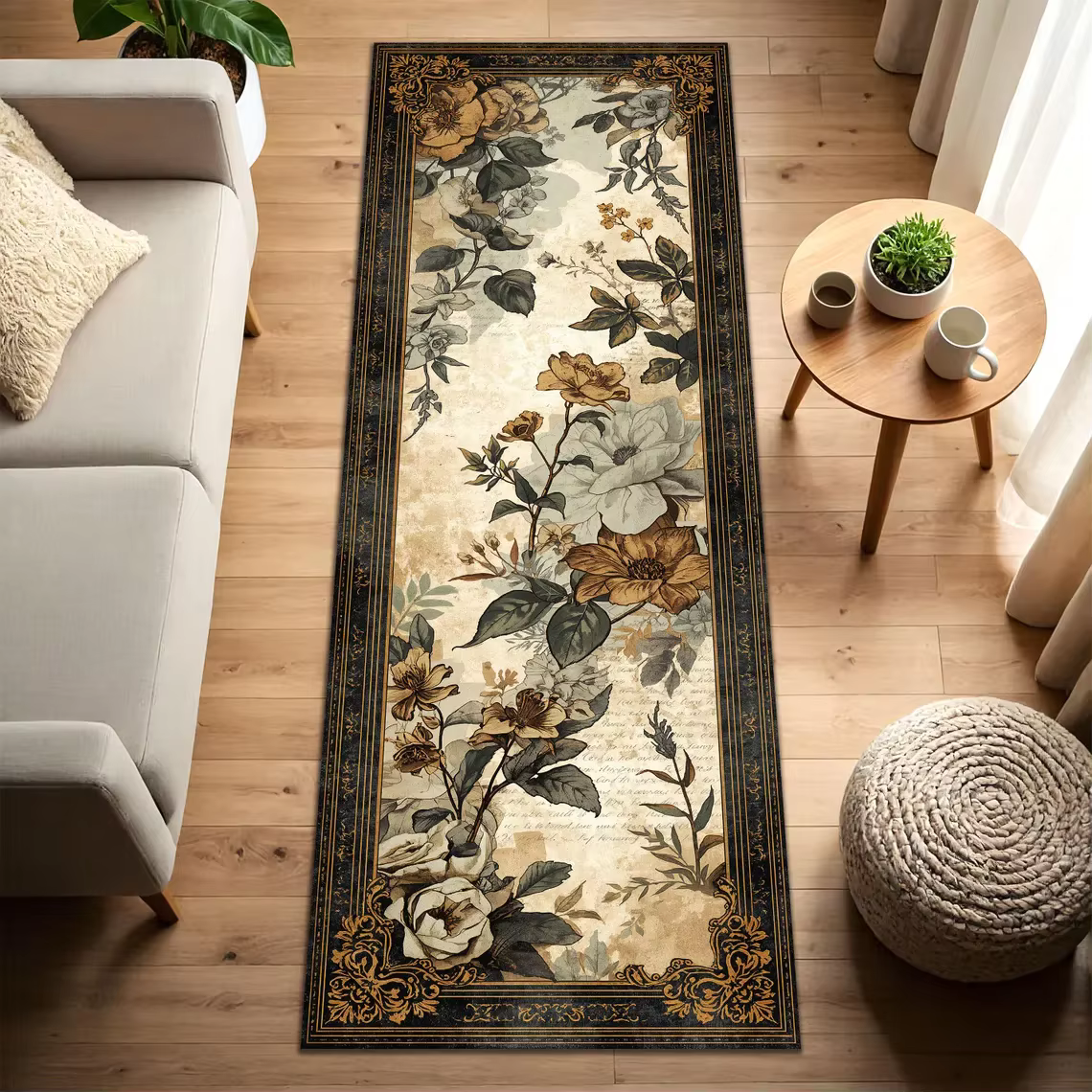 Tapis de Couloir Oriental Sérénité Bleu Marine avec Poissons Koi Dorés et Lotus Roses – Décoration Zen Apaisante pour Salle de Méditation ou Maison de Thé