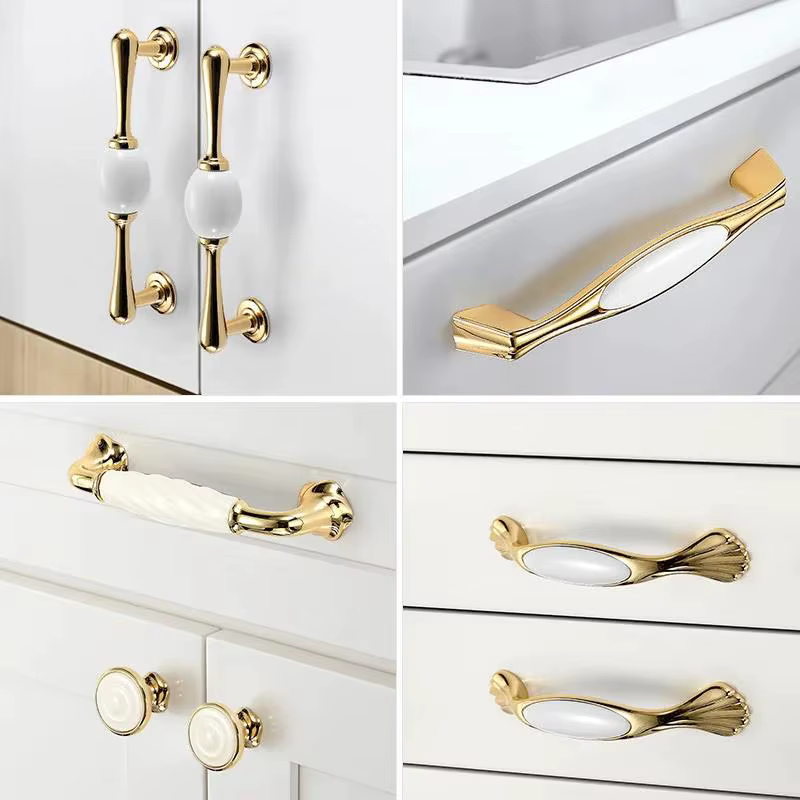 Poignées de porte d'armoire de cuisine dorées, boutons de tiroir, poignées de meubles européennes en alliage de zinc blanc, poignées de meubles en céramique tendance