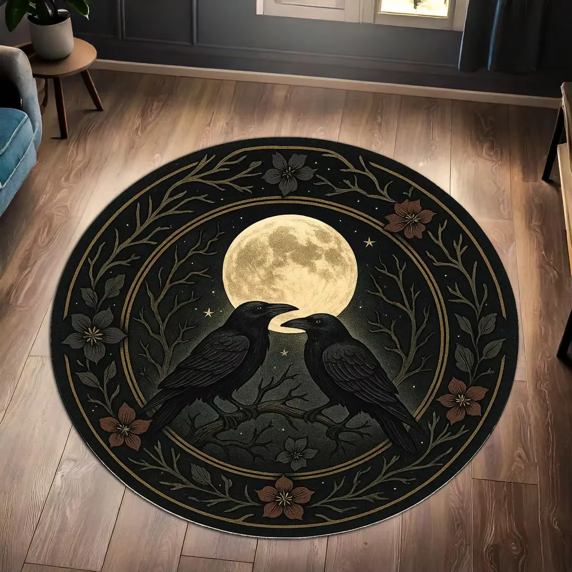 Tapis rond vintage avec motifs de corbeaux et de roses
