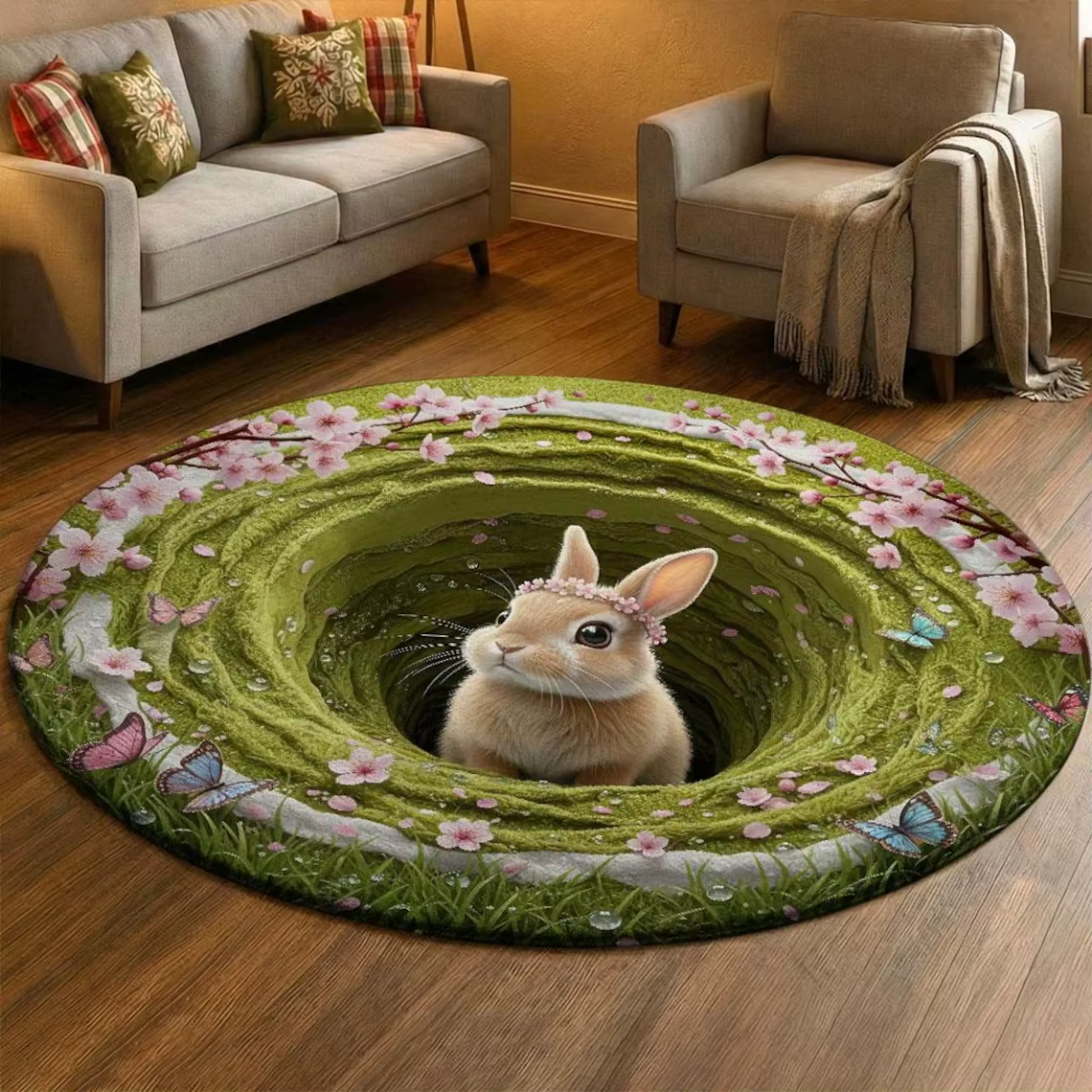 Tapis rond imprimé trou de lapin