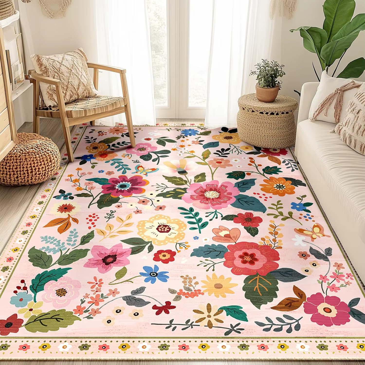 Tapis d'intérieur bohème rose à motifs floraux