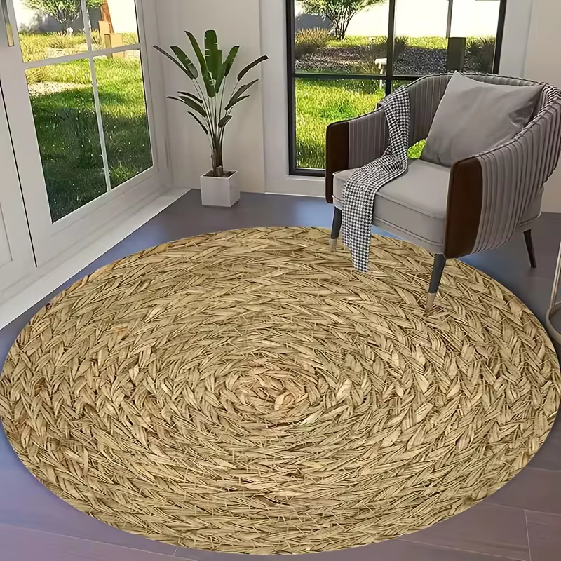Tapis rond rustique à motif bois naturel