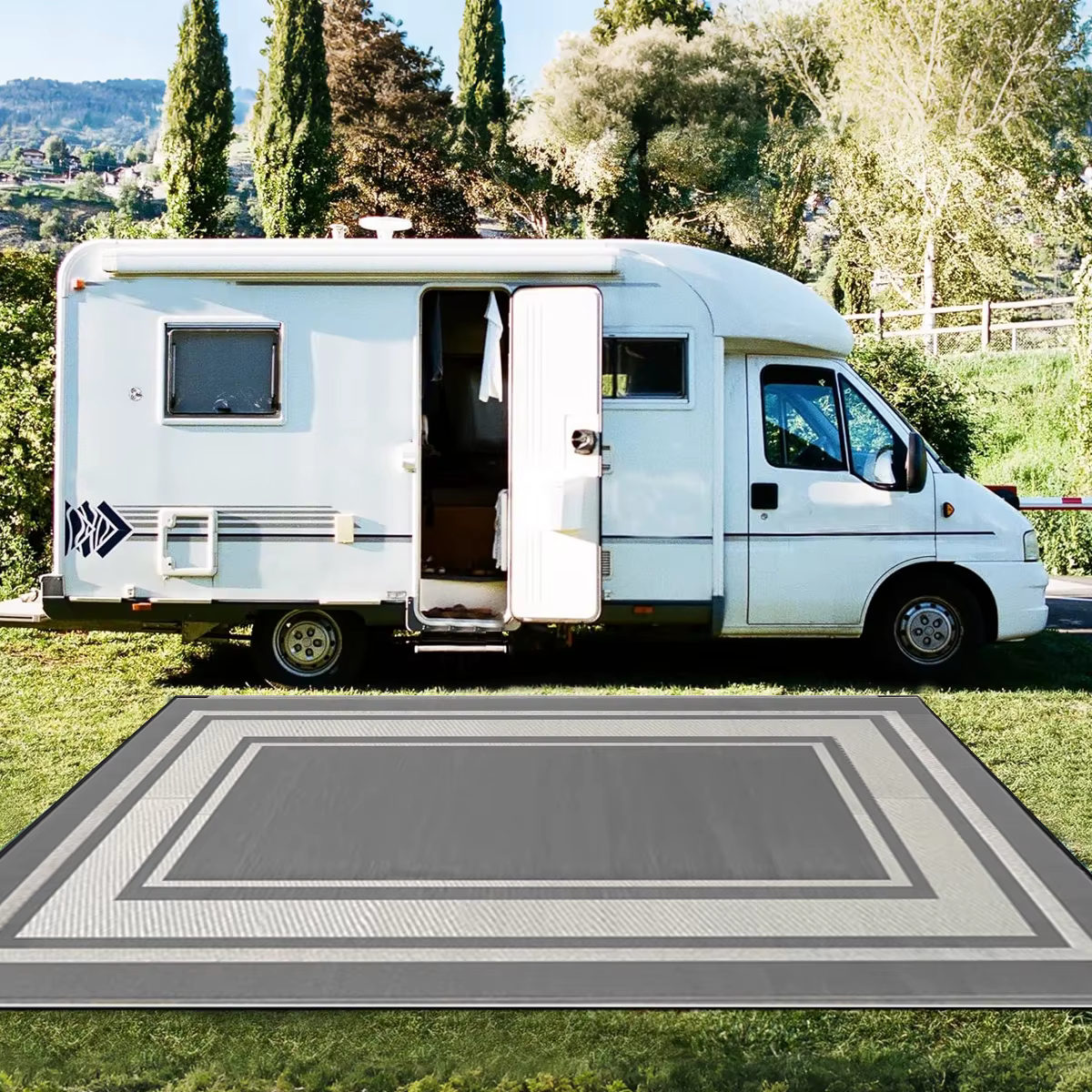 Tapis d'extérieur RURALITY imperméable pour patio, grand tapis en paille plastique pour camping, véranda, camping-car, réversible gris et blanc