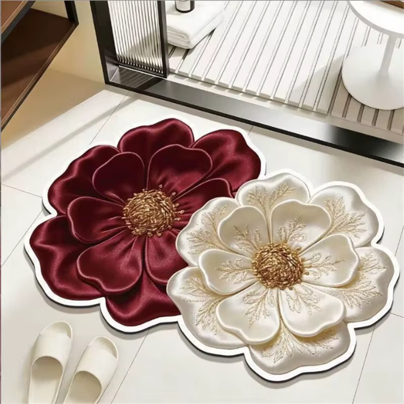 Tapis de sol de salle de bain en terre de diatomée 3D à motifs floraux, absorbant, antidérapant, lavable, tapis d'entrée domestique, tapis de cuisine écologique