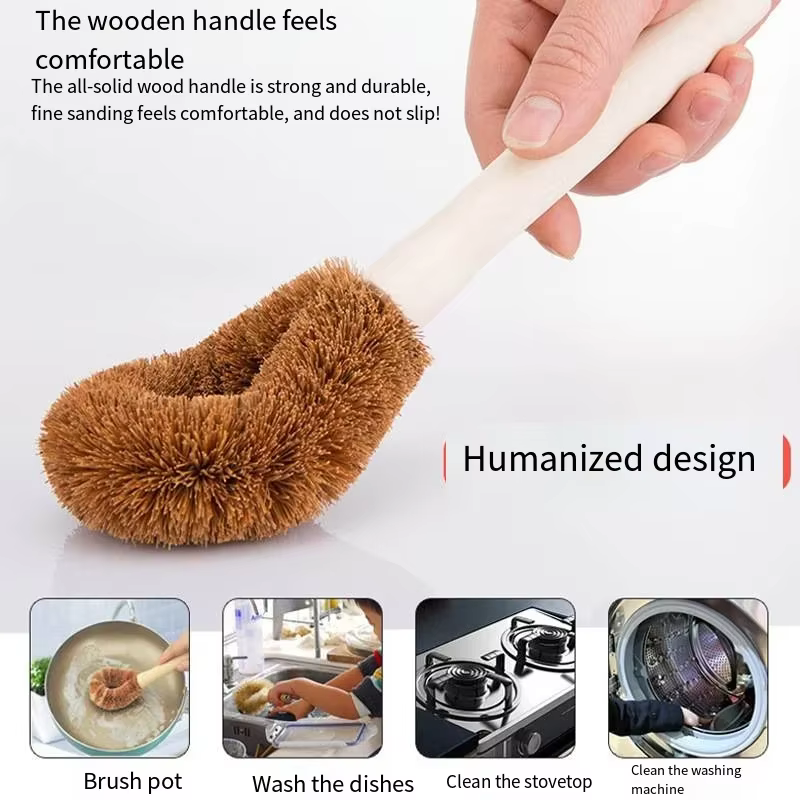 Ensemble de brosses pour casseroles en Fiber de noix de coco, 2 pièces, avec manche Long et poignée en bois, ustensiles de cuisine doux, huile antiadhésive, épurateur de casseroles de cuisine Durable