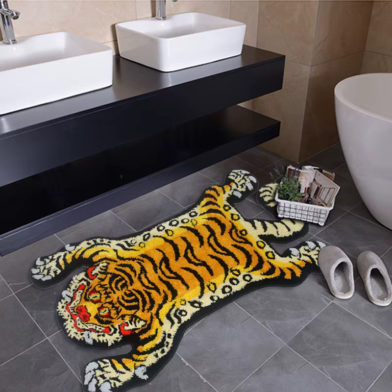 Grand tapis tibétain noir épais en forme de tigre