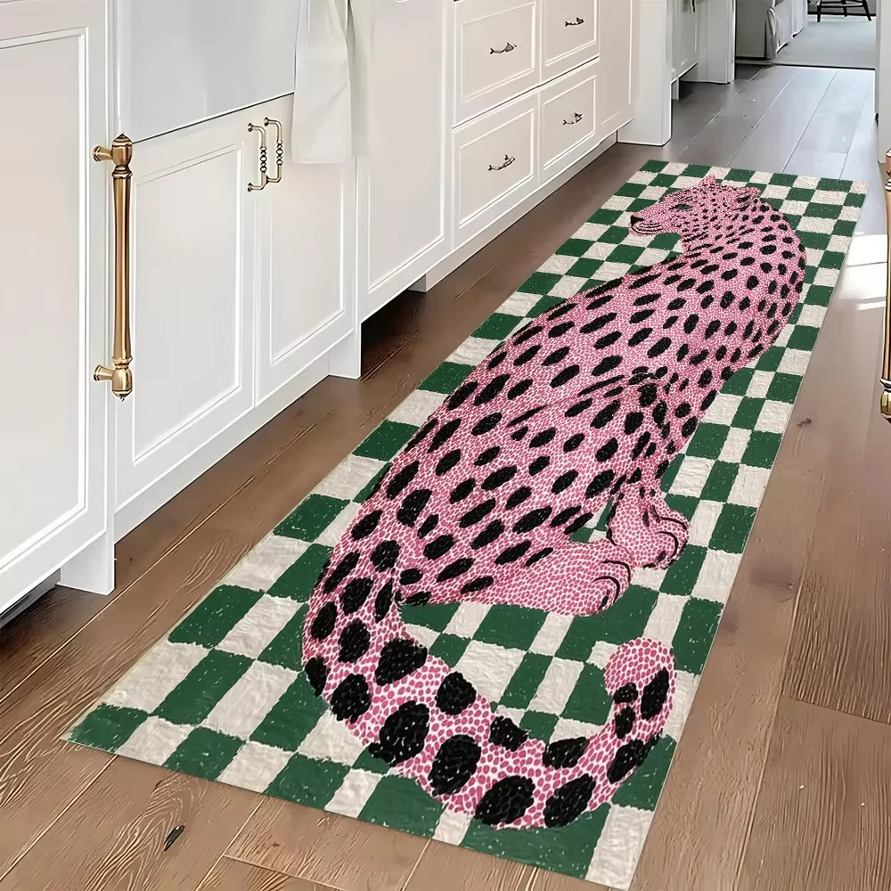 Preppy Pink Leopard Long Runner Rug Non Slip Washable Kitchen Mat Green White Checkerboard Cheetah Hallway Carpet