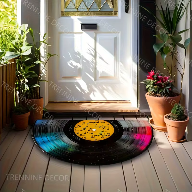 Tapis demi-rond rétro en vinyle noir et rouge