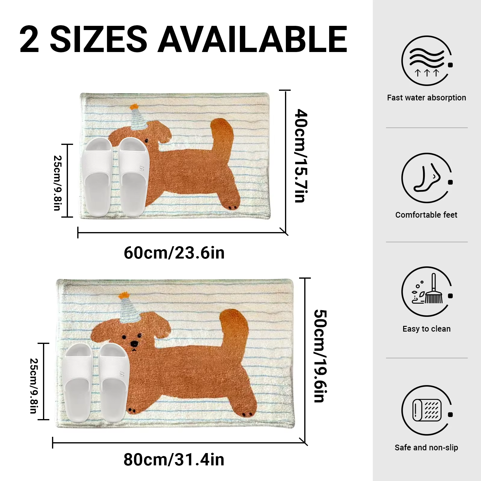 Tapis de salle de bain antidérapant en polaire à rayures avec motif chiot