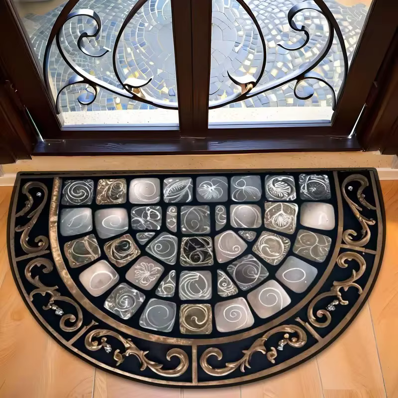 Tapis d'entrée semi-circulaire en mosaïque de vitrail