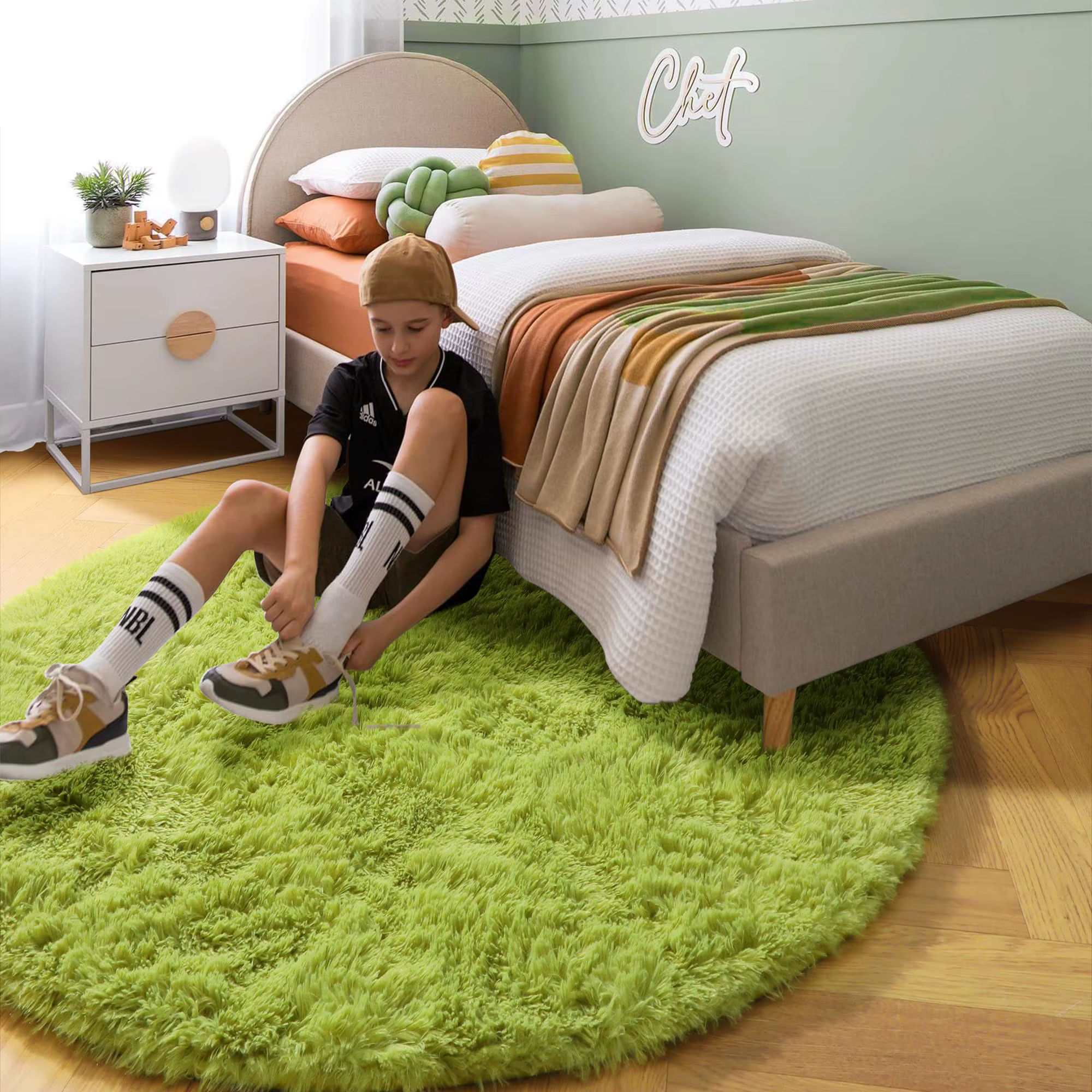 Vikama – tapis rond vert herbe pour chambre à coucher