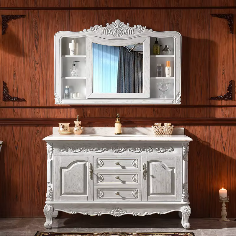 Armoire de salle de bain de Style européen, meuble de luxe léger en bois de chêne massif, lavabo du sol au plafond, Pot de Table en marbre, combinaison de bain