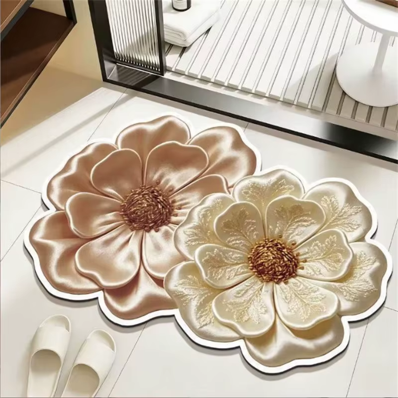 Tapis de sol de salle de bain en terre de diatomée 3D à motifs floraux, absorbant, antidérapant, lavable, tapis d'entrée domestique, tapis de cuisine écologique