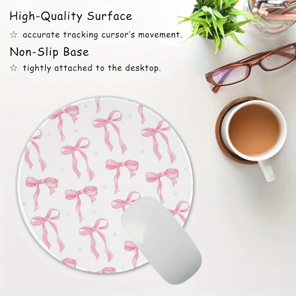 Tapis de souris rond rose avec nœud, antidérapant, en caoutchouc, lavable, accessoires de bureau, accessoire de bureau, tapis de souris, coussin de table d'ordinateur, tapis de bureau