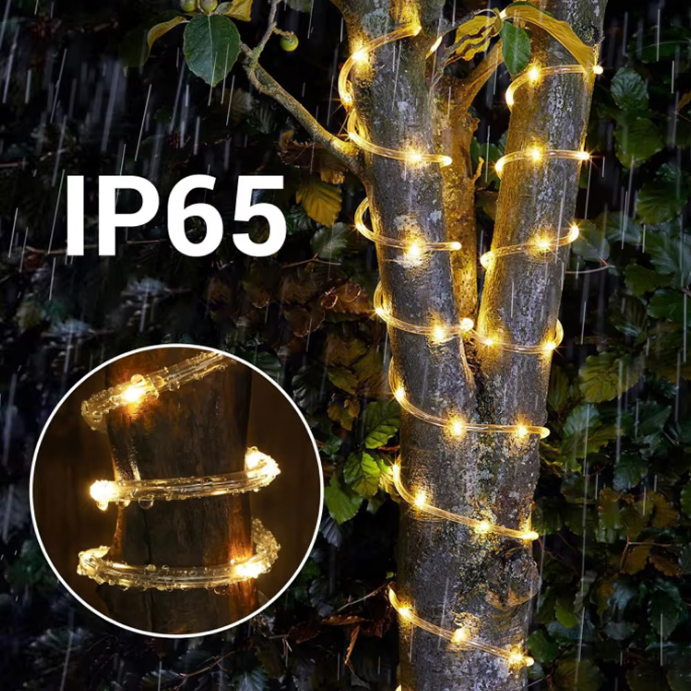 Lumières de tube de LED à énergie solaire, guirlandes lumineuses de jardin imperméables extérieures, lumières de décoration d'ambiance de noël de cour de balcon