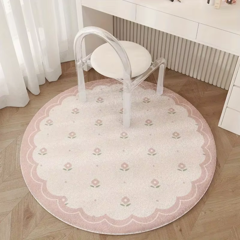 Tapis décoratif rond à fleurs roses