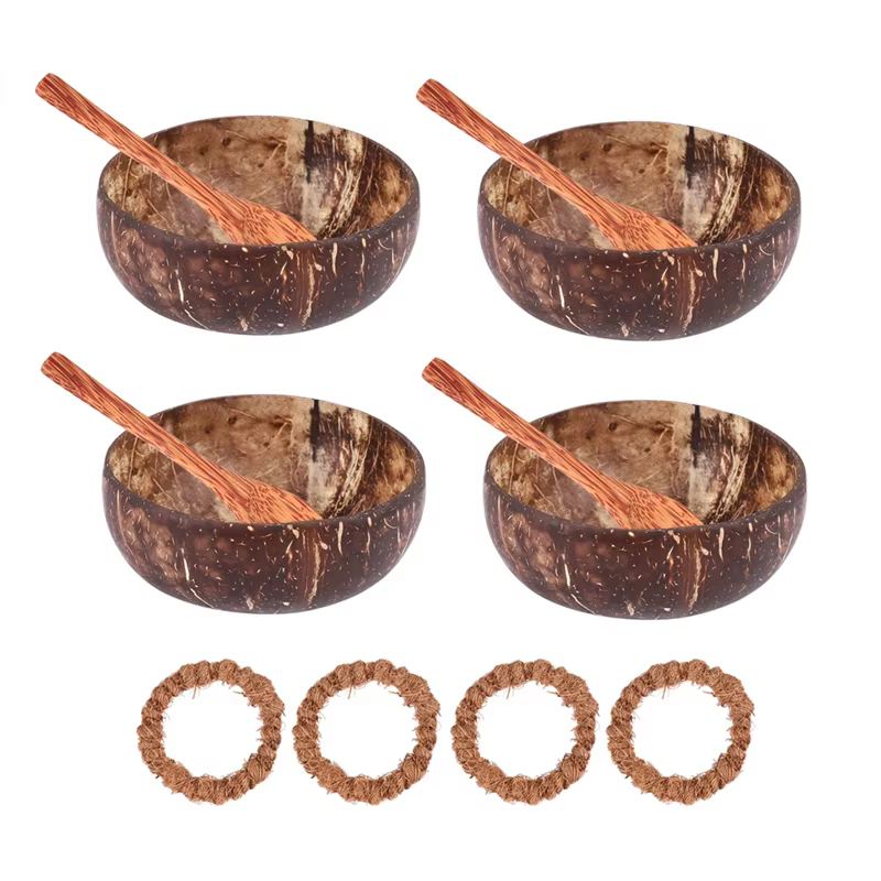 A69E1 ensemble de bols en coquille de noix de coco naturelle avec cuillère et support adapté aux glaces, desserts, riz, collations, noix