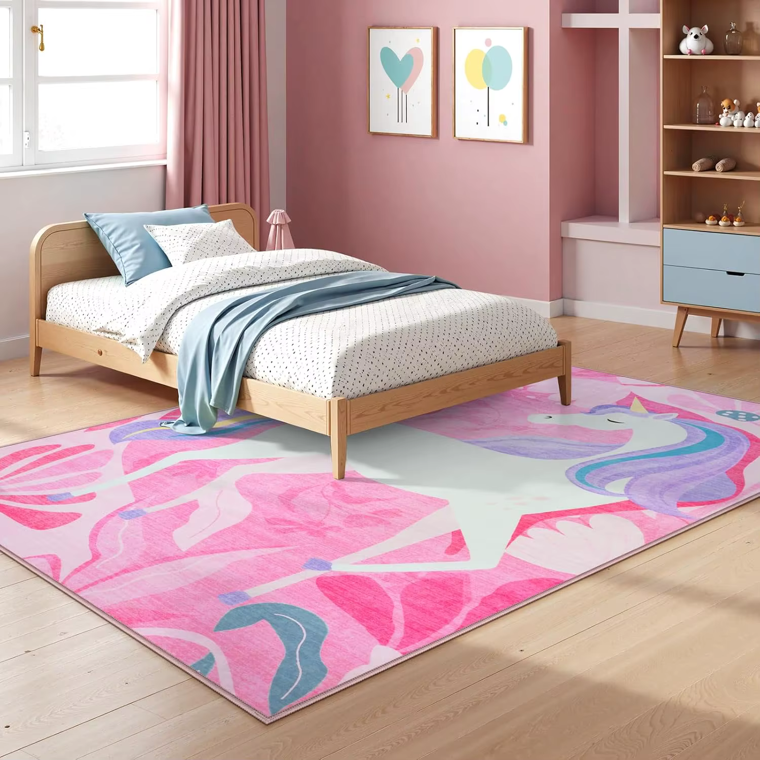 Tapis imprimé licorne à fleurs roses