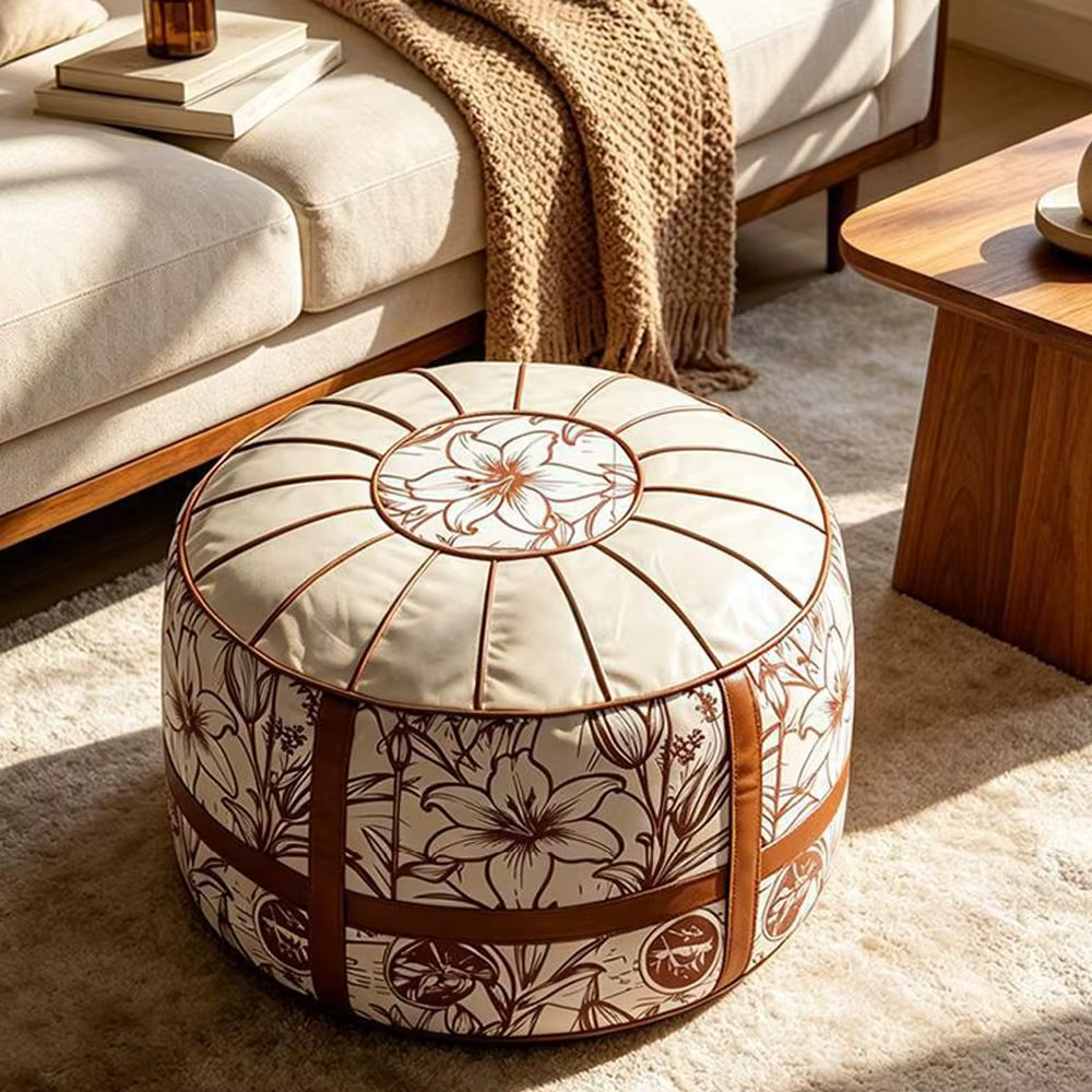 Housse de pouf ottoman à motif bohème, design remplissable, grande ouverture, repose-pieds, housse de pouf rond en cuir PU résistant à l'eau, pour salon