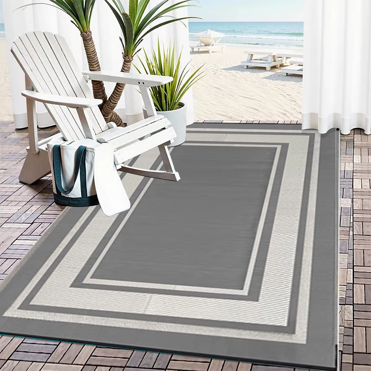 Tapis d'extérieur RURALITY imperméable pour patio, grand tapis en paille plastique pour camping, véranda, camping-car, réversible gris et blanc