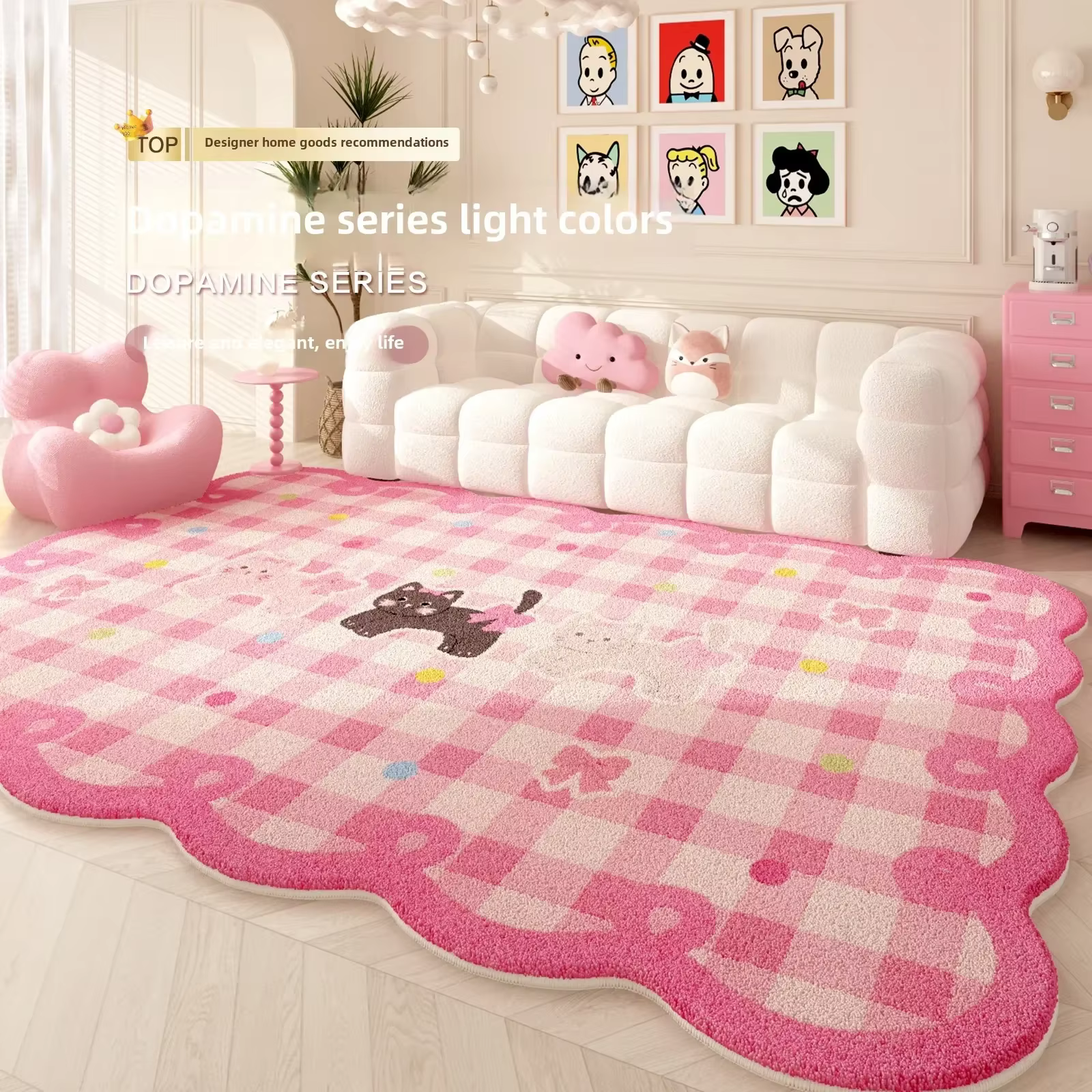 Dopamine-Tapis en peluche rose de forme irrégulière