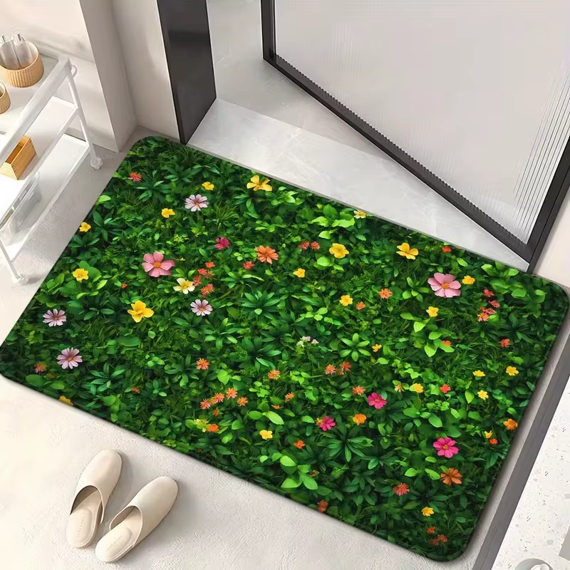 Paillasson d'entrée antidérapant avec motif floral multicolore sur fond vert