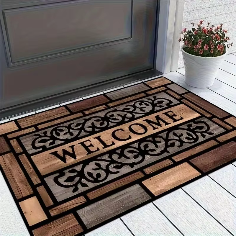 Tapis d'entrée VIKAMA en bois rustique à motif floral