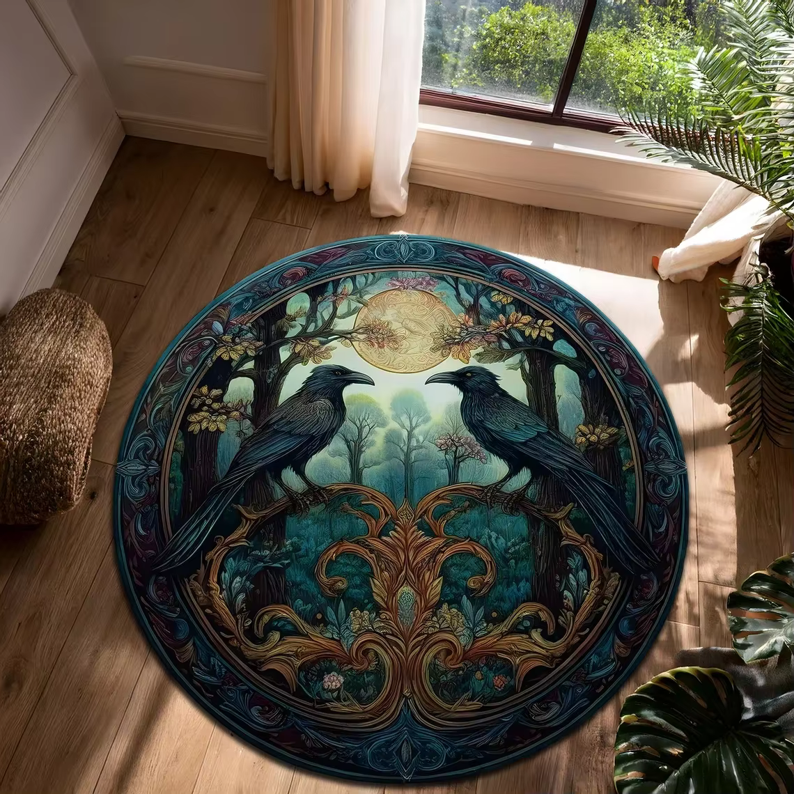 Tapis rond vintage avec motifs de corbeaux et de roses