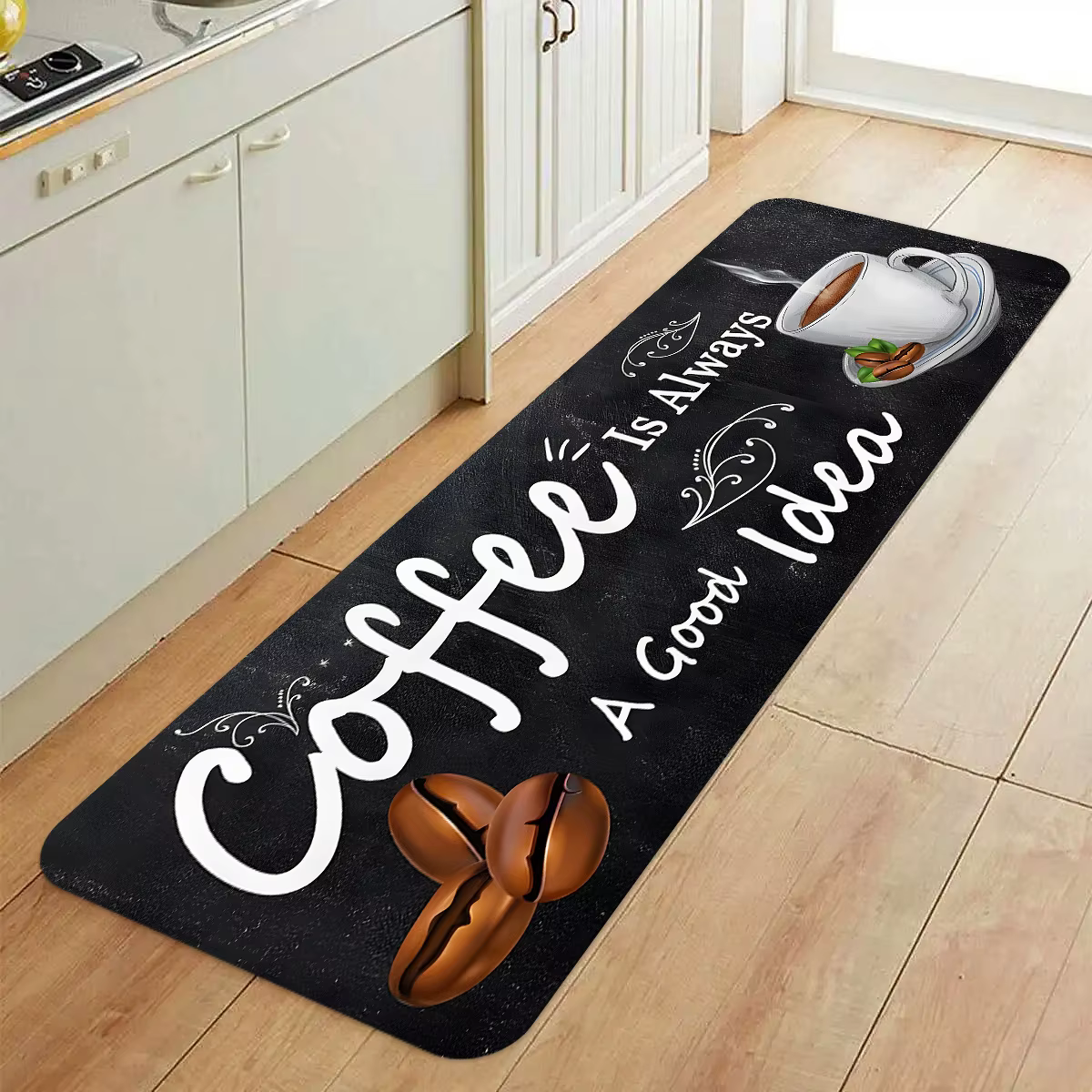 Tapis de sol antidérapant avec citation « Coffee Time » pour cuisine