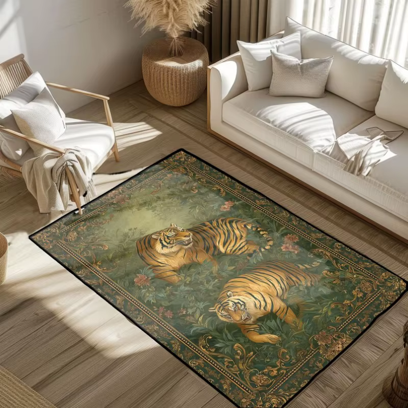 Tapis d'intérieur Art Tiger Animal, motif floral vintage, antidérapant, pour salon et chambre, grande taille, doux et moelleux, style asiatique