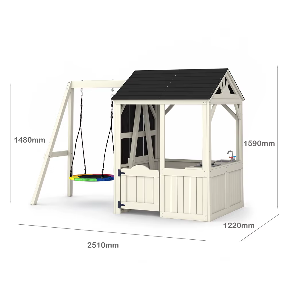 Mobilier de jardin, maisonnette pour enfants, aire de jeux, tables de pique-nique d'extérieur, ensemble de balançoires en toile, maisonnette en bois, cuisine jouet