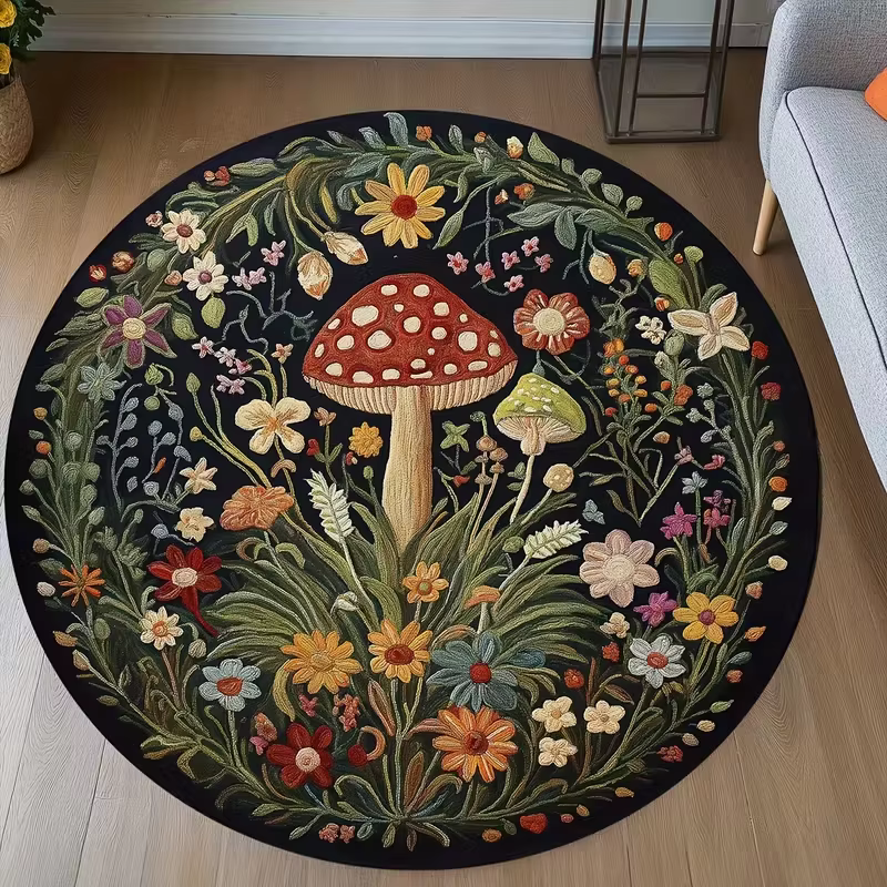 Tapis rond d'extérieur rose rétro à rayons de soleil